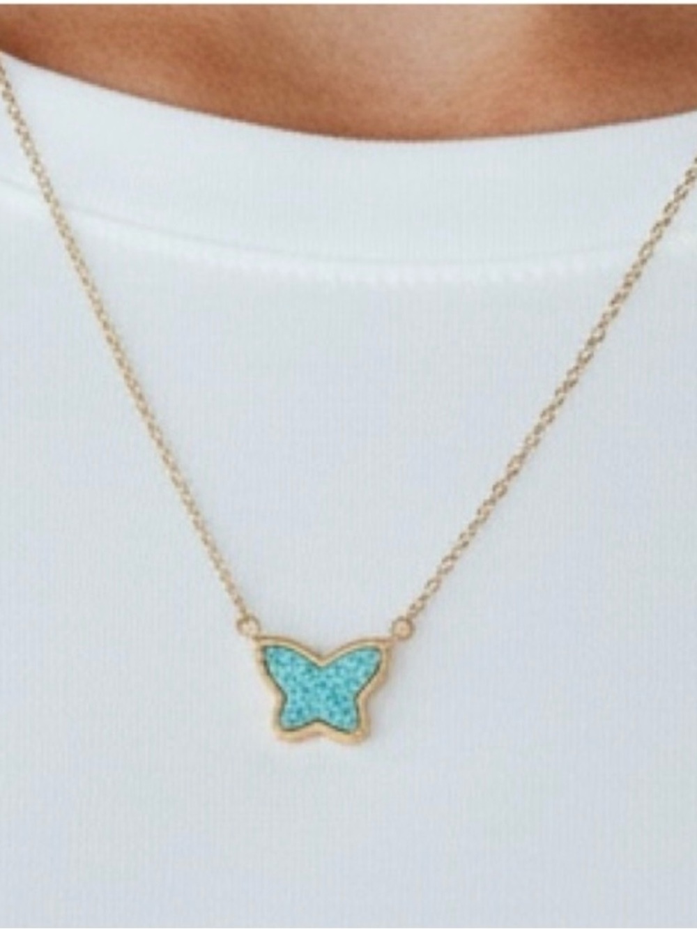 Gold Pendant Necklace with Blue Druzy Butterfly
